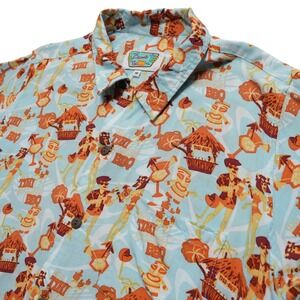 Atomik Tiki Hawaiian Shirt Mens Medium Blue Tiki BBQ Rayon Button Up